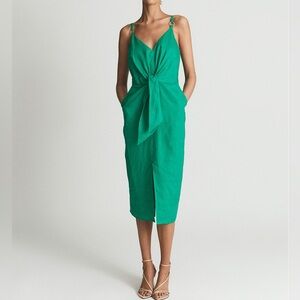 REISS Kay Tie Detail Linen Midi Dress in Green Size 4